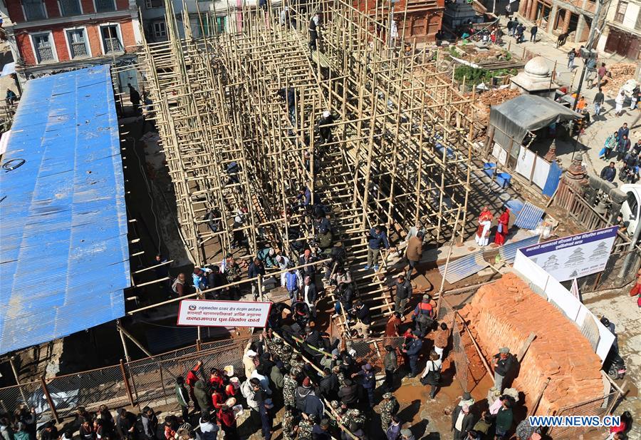 NEPAL-KATHMANDU-RECONSTRUCTION-KASTHAMANDAP TEMPLE-WOODEN PILLARS